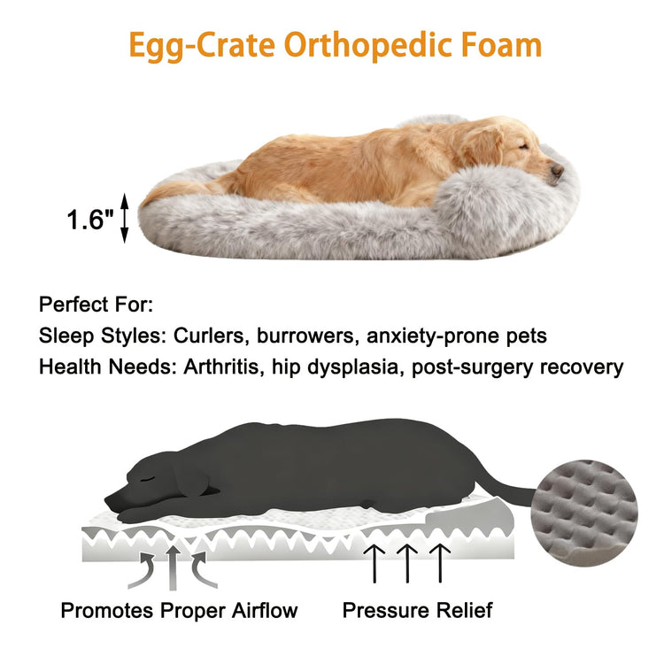 Orthopedic Dog Bed with Egg-Crate Base, Calming Dog & Cat Beds Long Plush with Raised Edges, Spine Friendly Pet Sleeping Mat for Small Medium Dogs, Machine Washable (Oval, Beige 26"x20")