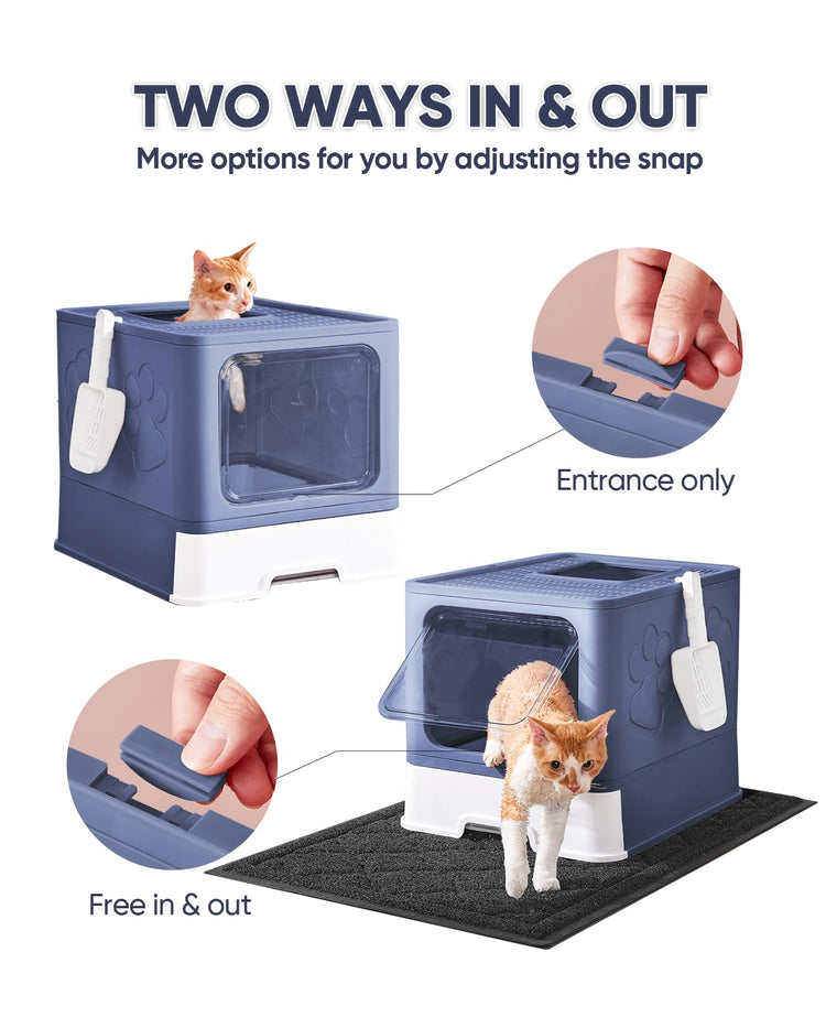Medario Cat Litter Box with Litter Mat and Scoop, Large Covered Litter Box with Lid, Enclosed Kitty Box, Front Entry Top Exit, Odor Control, Easy to Clean (Grey)