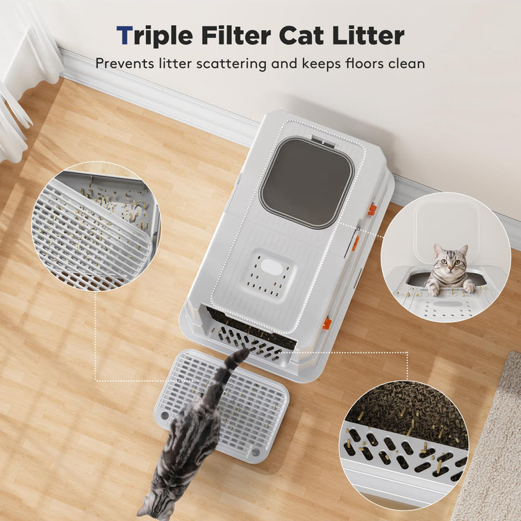 FURTIME Stainless Steel Litter Box with Lid, Large Enclosed Cat Litter Box for Big Cats, Metal Cat Box with High Sided Enclosure & Scoop, Front & Top Entry, Odor Free, Anti-Leakage, Grey