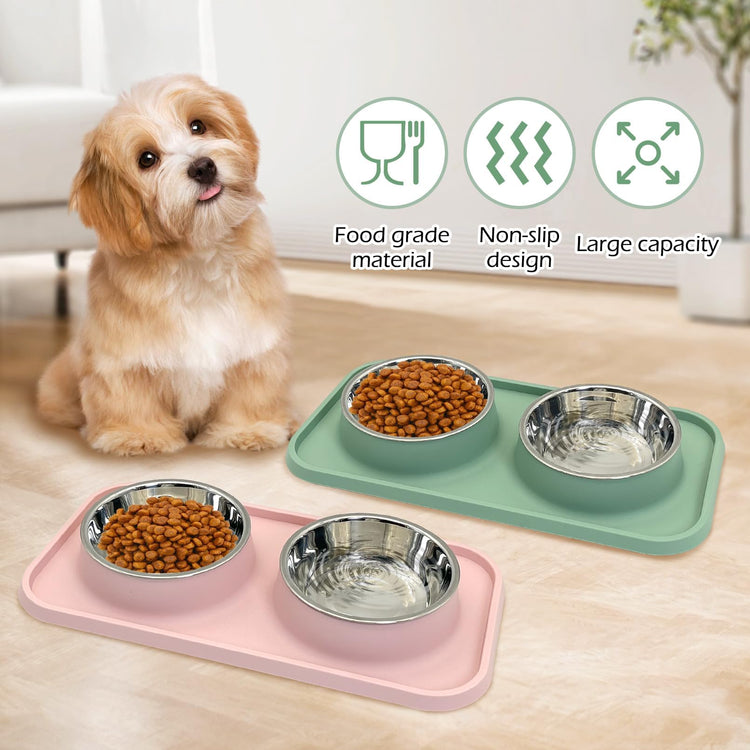 BNOSDM Double Dog Food Bowls Stainless Steel Dog Food and Water Bowls with Non-Spill Plastic Mat Pet Cat Feeder Bowl Set for Puppy Cats Kitten Small Medium Dogs Pink