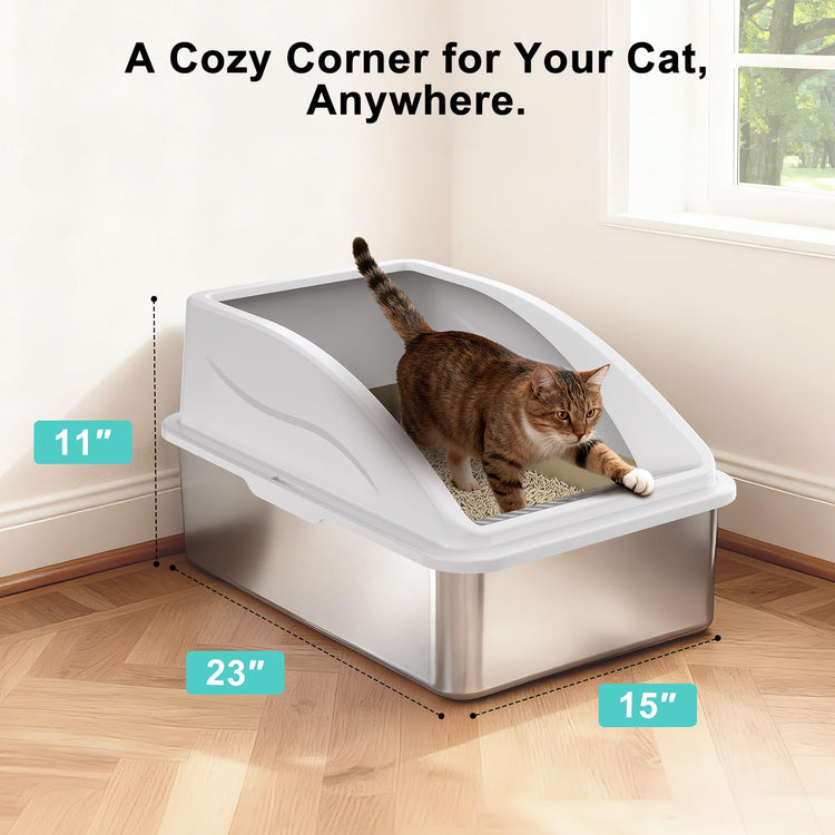 2 Pack Stainless Steel Litter Box for Kitty | Metal Kitty Litter Box with Lid High Sided for Small Cats or Injured Cats, Bunny Litter Boxes, Low Entry, Odor-Free, Non-Stick,Includes Scoop