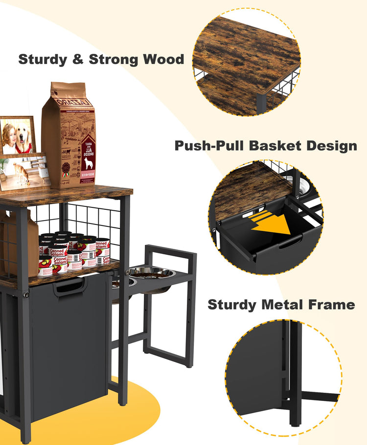 30.6Long x 26.2 High Elevated Dog Bowl Stand with Pet Food Storage Organizer, Adjustable Raised Feeding Station with Toy Basket for Large Medium Small Dogs and Cats, Black