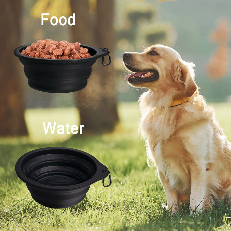 PetBonus 2-Pack Silicone Collapsible Dog Bowls, BPA Free Dishwasher Safe, Portable Foldable Expandable Travel Bowl, Food Water Feeding Cup Dish for Dogs Cats with 2 Carabiners (Turquoise, Tan)