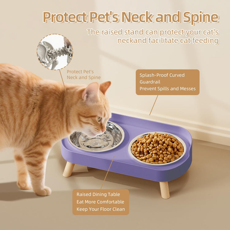 Elevated Cat Bowl, Raised Cat Food and Water Bowl Set for Indoor Cats, Splash Proof with 2 Stainless Steel Pet Food Bowls for Cats and Puppies, Whisker Fatigue and Dishwasher Safe - White