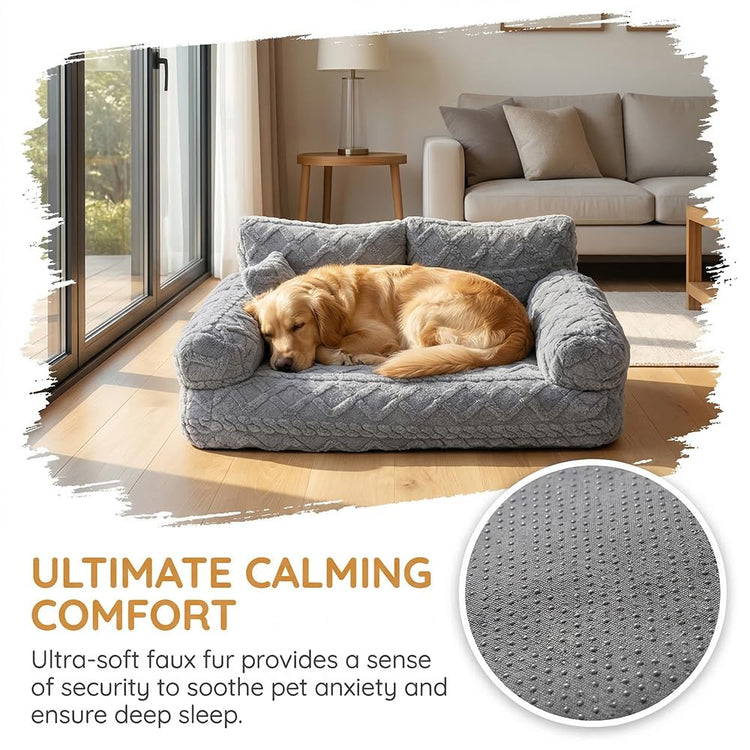 Plush Calming Pet Sofa Bed, 6 Sizes Large Fluffy Dog Cat Couch Beds Plush for Indoor, Raised Rim, Removable Cover & Non-Slip Bottom for Cats and Dogs of Any Size (Dark Grey, Small)