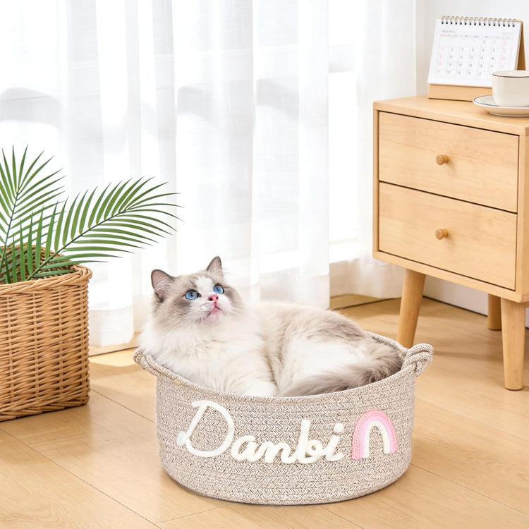 Personalized Dog Cat Toy Basket with Embroidery Name, Customized Puppy & Kitten Toy Storage Bins, Cute Handmade Cotton Rope Organizer for Snacks, Pet Supplies, Easter Birthday Gifts Basket for Pets