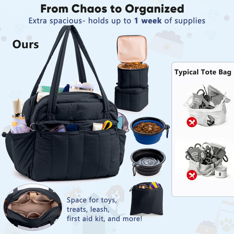 Dog Travel Bag for Supplies, Airline Approved Pet Travel Organizer with 2 Food Containers & Collapsible Bowls, Large Capacity Dogs Tote Bag for Weekend, Stylish Dog Mom Gift for Pet Lovers