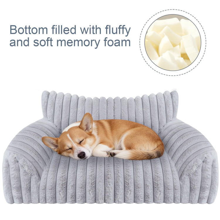 Cute Cat Couch Bed for Indoor Cats, Fluffy Pet Cat Sofa with Premium Soft Corduroy Fleece, Cute Small Dog Beds for Small Dogs, Fuzzy Puppy Chair with Removable Washable Cover (24x18x10,Grey)