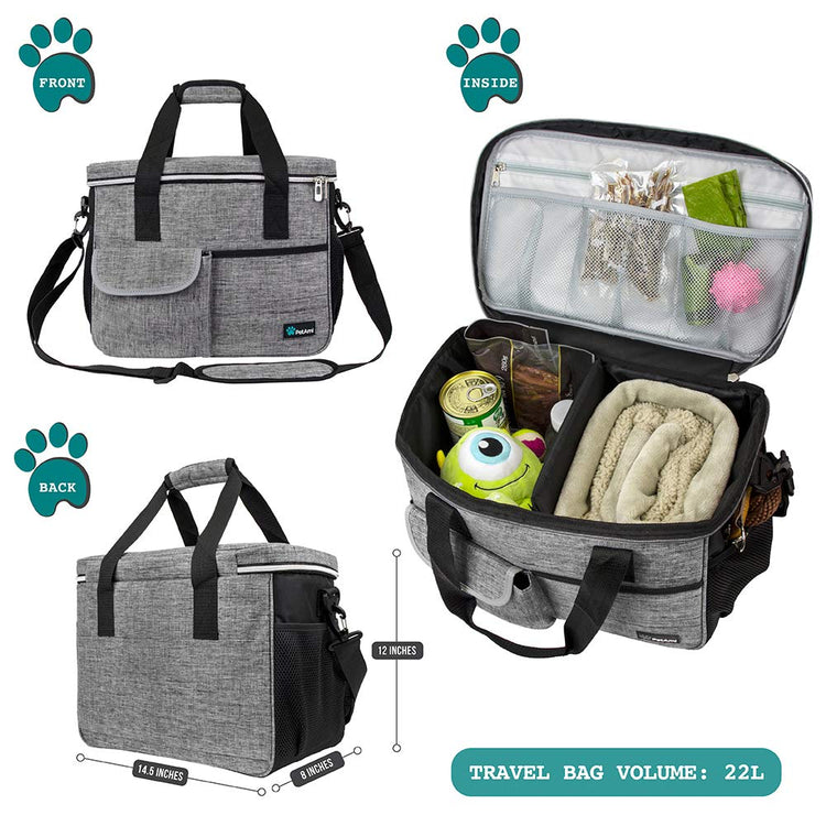 PetAmi Dog Travel Bag Organizer, Pet Travel Kit with 2 Food Containers & 2 Collapsible Dog Bowls, Pet Supplies Tote with Luggage Sleeve, Weekend Road Trip Camping Essentials, Dark Gray, Medium