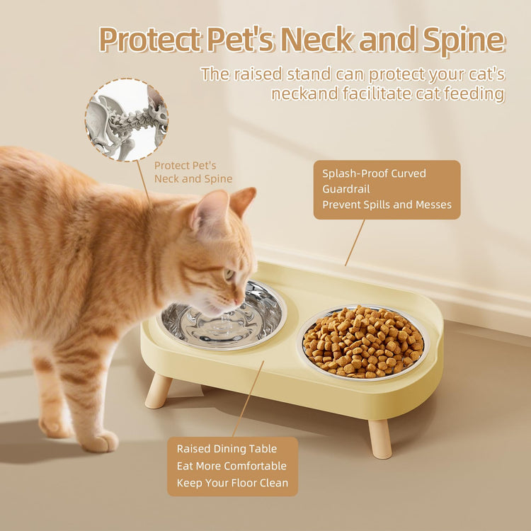 Elevated Cat Bowl, Raised Cat Food and Water Bowl Set for Indoor Cats, Splash Proof with 2 Stainless Steel Pet Food Bowls for Cats and Puppies, Whisker Fatigue and Dishwasher Safe - White