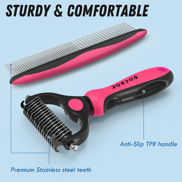 Docrok Pet Grooming Combo - Blue Deshedding Brush with Metal Comb for Detangling and Dematting Long, Matted Fur on Cats and Dogs