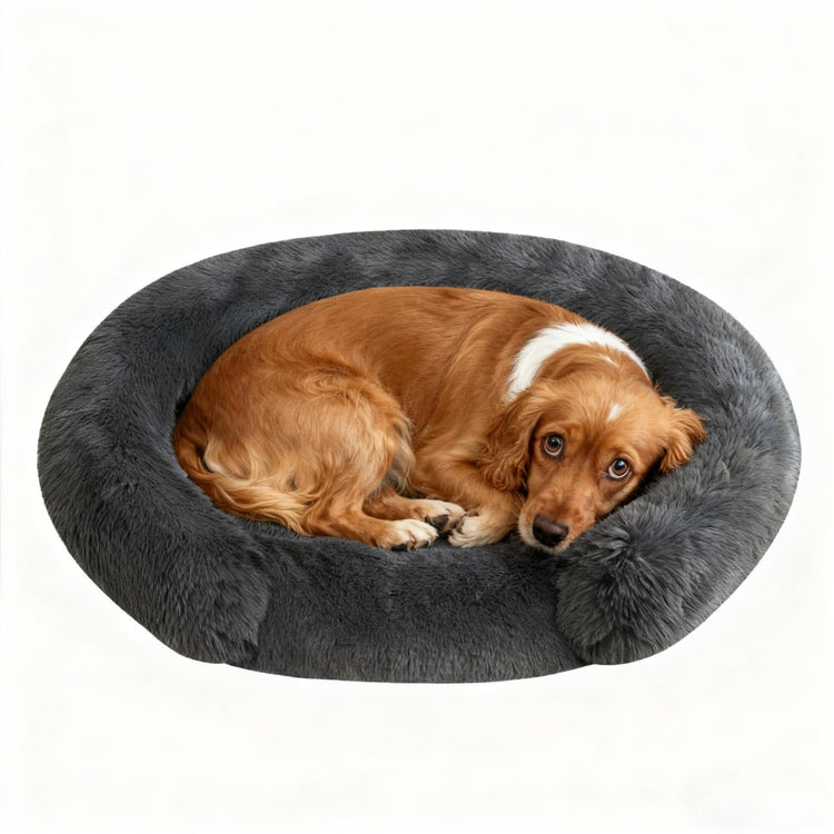 Orthopedic Dog Bed with Egg-Crate Base, Calming Dog & Cat Beds Long Plush with Raised Edges, Spine Friendly Pet Sleeping Mat for Small Medium Dogs, Machine Washable (Oval, Beige 26"x20")