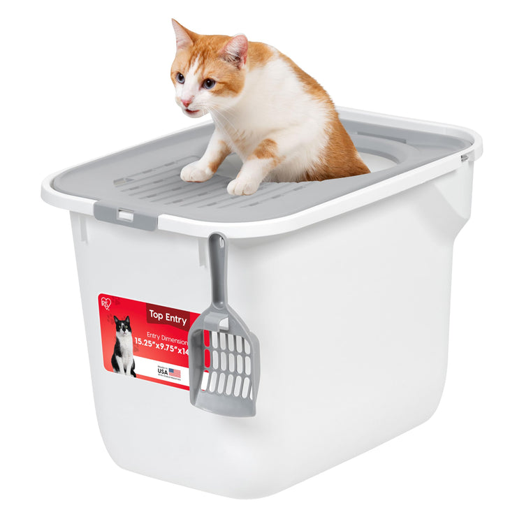 IRIS USA Cat Litter Box Large Open Top with High Sided Walls Tall Scatter Shield Scoop Included Easy Clean Plastic Pan Stain Resistant for Big Cats Kittens Indoor Multi-Cat Households