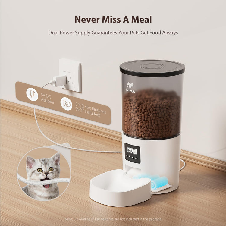 IMIPAW Automatic Cat Feeders, Timed Cat Dry Food Dispenser with Desiccant Bag, Dual Power Supply, Programmable Portion Size, 6 Meals, 20 Portions Per Day, Auto Pet Feeder for Cats and Small Dog, White