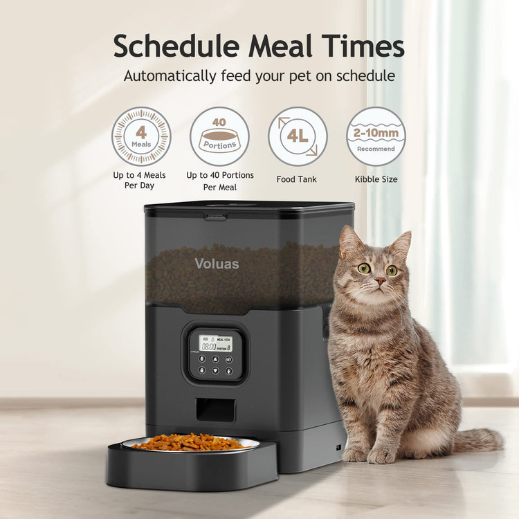 VOLUAS Automatic Cat Feeders - Timed Pet Feeder for Cats and Dogs with Dry Food Dispenser, Desiccant Bag, Programmable Portion Control, 4 Daily Meals, 10s Voice Recorder