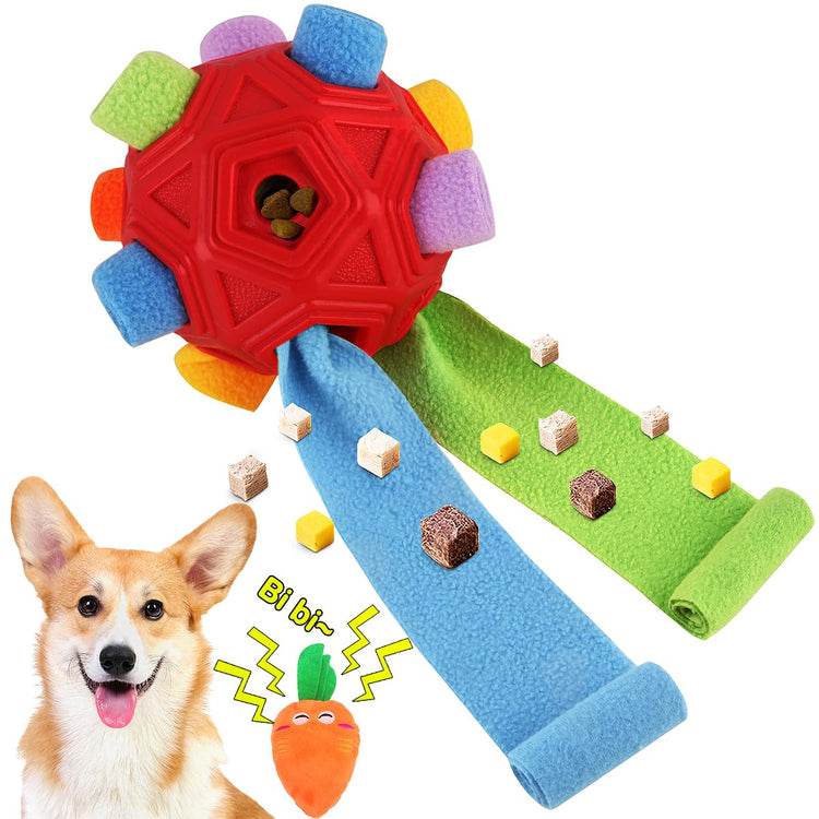 Dog Snuffle Ball-Interactive Puzzle Dog Toys Encourage Natural Foraging Skills Slow Feeder for Training and Stress Relief, Cloth Strip Hiding Food Chew Toys with Squeaky Carrot Toy for Any Size
