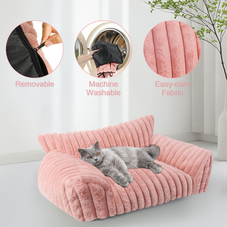 Cute Cat Couch Bed for Indoor Cats, Fluffy Pet Cat Sofa with Premium Soft Corduroy Fleece, Cute Small Dog Beds for Small Dogs, Fuzzy Puppy Chair with Removable Washable Cover (24x18x10,Grey)