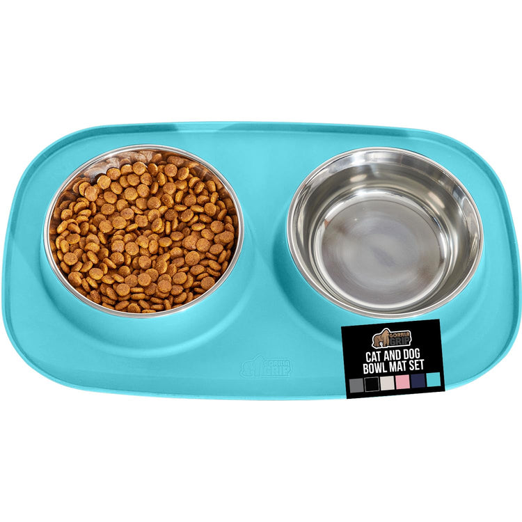 GORILLA GRIP Feeding Mat Set, Patent Pending 100% Waterproof BPA Free Silicone, Stainless Steel Cat and Dog Bowls, Slip Resistant, 1 Black mat/tray with 2 stainless steel bowls