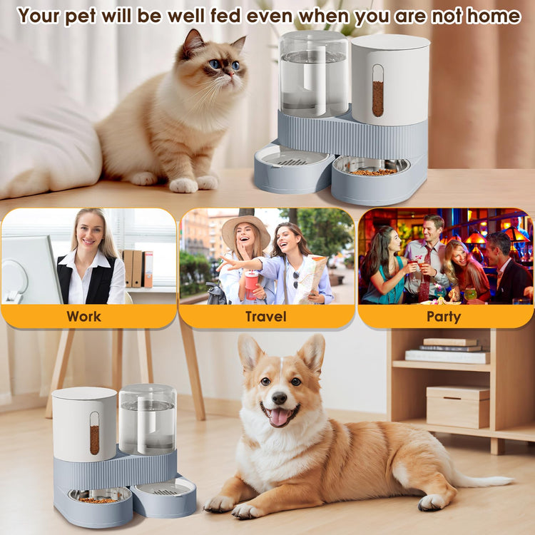 Automatic Gravity Cat Dog Feeder and Water Dispenser with 304 Stainless Steel Bowls 2 in 1 360 Degree Rotatable Auto 2.4L Dry Food and 2.6L Water Bowl for Small Medium Pet Dog Puppy Kitten (Gray)