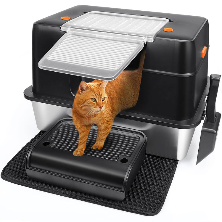 Vivifying Stainless Steel Litter Box, XL Side Entry Extra Large Litter Box with Lid for Big Cats & Kitty, Removable Enclosed Metal Cat Pan with High Sided Enclosure, Scoop (Black)