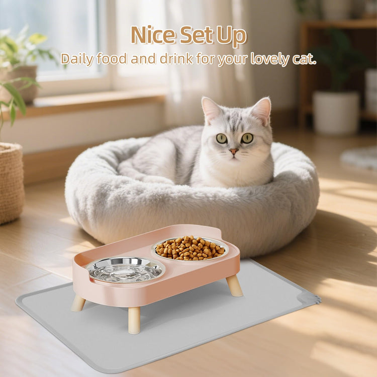 Elevated Cat Bowl, Raised Cat Food and Water Bowl Set for Indoor Cats, Splash Proof with 2 Stainless Steel Pet Food Bowls for Cats and Puppies, Whisker Fatigue and Dishwasher Safe - White