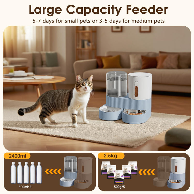 Automatic Gravity Cat Dog Feeder and Water Dispenser with 304 Stainless Steel Bowls 2 in 1 360 Degree Rotatable Auto 2.4L Dry Food and 2.6L Water Bowl for Small Medium Pet Dog Puppy Kitten (Gray)