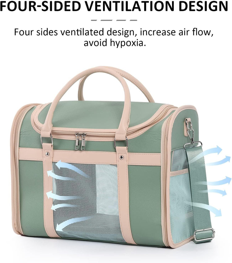 Luxury Mint Green PU Leather Pet Carrier Bag, Airline Compliant Portable Travel Crate with Breathable Mesh Panels & Shoulder Strap for Cats Small Dogs Travel & Vet Use
