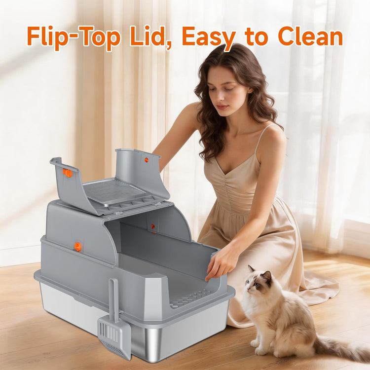 Stainless Steel Litter Box with Lid, High Sided Enclosed Metal Litter Box for Big Cats, Easy Cleaning Anti-Urine Leakage, Non-Sticky Cat Box, Front Entry Top Exit KittyBox, Includes Mat & Scoop