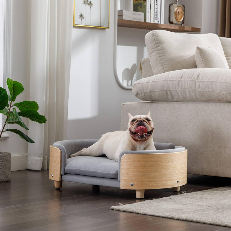 Velvet Dog Bed Pet Sofa with Solid Wood Legs and Bent Wood Back, Stain-Resistant Cushion in Multiple Colors - Luxury Pet Furniture for Cats and Dogs, Dark Grey
