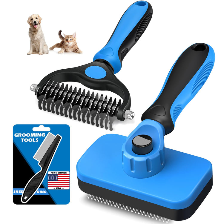 Augwind 7 in 1 Pet Grooming Kit - Dog&Cat Comb, Deshedding Brush, Nail Clipper with File, Bath Brush - Premium Pet Supplies (Blue)