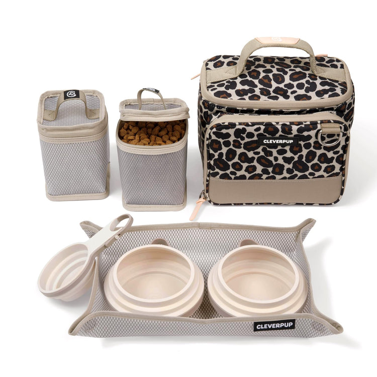 Cleverpup, Large 7-Piece Bistro Box Dog Food Travel Kit, 12-Cup Kibble Storage, 2 Silicone Bowls, Mat & Scoop - Premium Portable Pet Food Kit for Weekends, Overnights, Daycare & Camping, Checkerboard