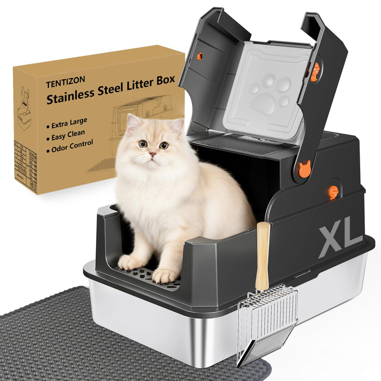 TENTIZON Stainless Steel Cat Litter Box with Lid, Large Covered Enclosed Kitty Litterbox with Hood, Flip Top, High Side, Litter Mat, Scoop for Big Cats, Kitten, No Odor, No Mess, Easy Clean, Grey