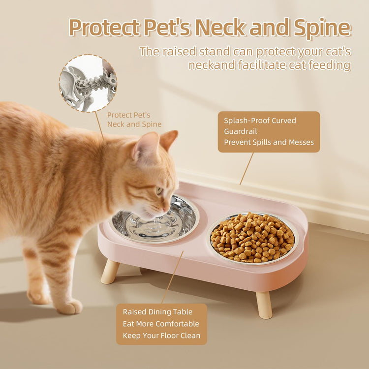 Elevated Cat Bowl, Raised Cat Food and Water Bowl Set for Indoor Cats, Splash Proof with 2 Stainless Steel Pet Food Bowls for Cats and Puppies, Whisker Fatigue and Dishwasher Safe - White
