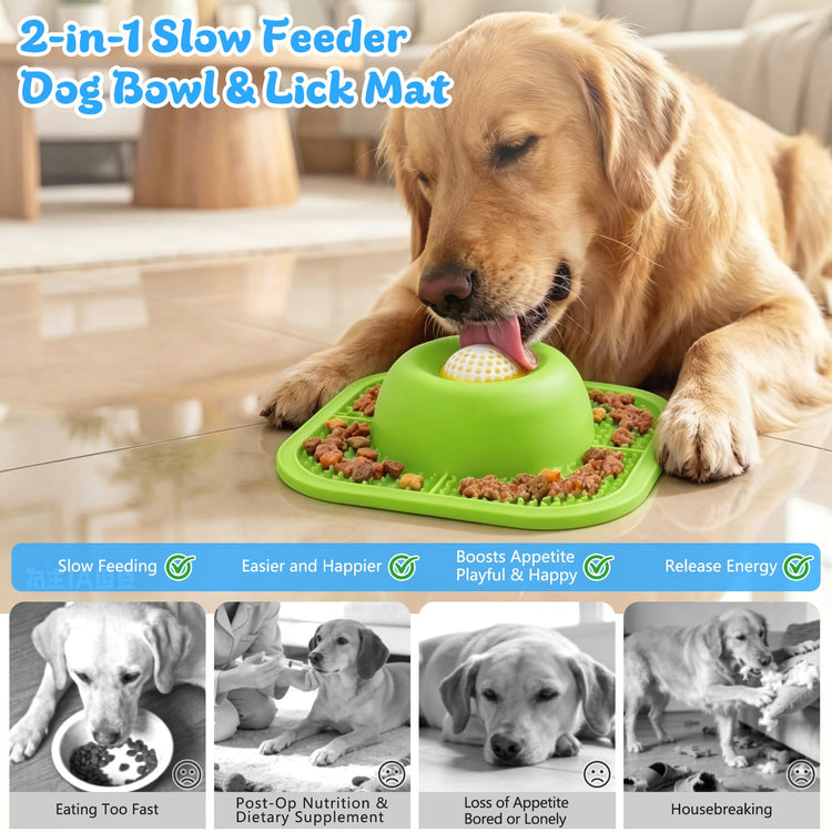 Slow Feeder Dog Bowls & Lick Mat for Liquid and Thick Treat, Anti-Slip Dog Lick Bowl with Interactive Rolling Ball, 5/6 Cup Pup Licking Toy for Large Medium Small Dogs and Cats Blue