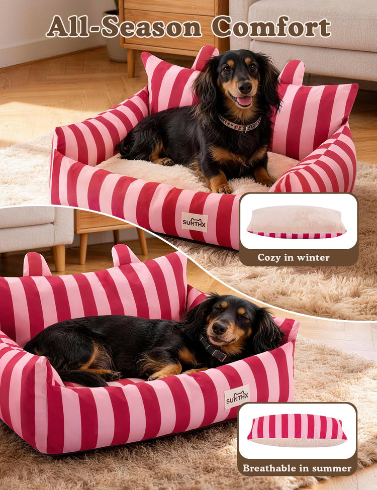 Cat Couch, Reversible Pet Bed for Indoor Cats – 2-Sided Cat Sofa with Oxford Fabric and Plush Fleece, Washable Small Dog Couch for Puppies and Senior Pets, Non-Slip Bottom, 28 inch, Pink Brown