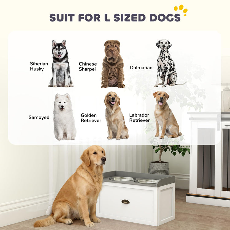 PawHut Dog Feeding Station with Storage Drawer, Dog Food Storage Cabinet with 2 Removable Elevated Pet Bowls for Large Sized Dogs, Coffee