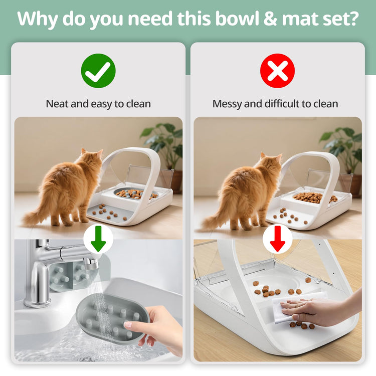 Stainless Steel Bowl for Automatic Microchip Cat Pet Feeder, Sealing Ring Design for Keeping Food Fresh and Reducing Odor, SUS 304, Easy to Clean, 2 Bowl & 1 Mat Set