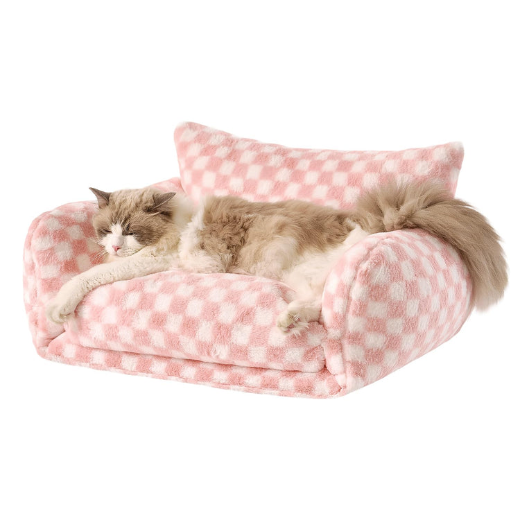 Hollypet Cat Bed Fluffy Plush Multifunctional Double-Layer Machine Washable Soft Warming Kitty Pet Couch Orthopedic Nest Beds for Small Cats Kitten and Dogs up to 13lbs, Khaki(25x20x13 inch)