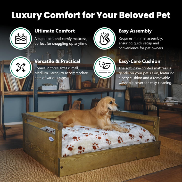Iconic Pet Sassy Paws Wooden Pet Bed with Paw Printed Comfy Cushion for Dogs & Cats in Varying Sizes & Colors, Small-Rustic Brown