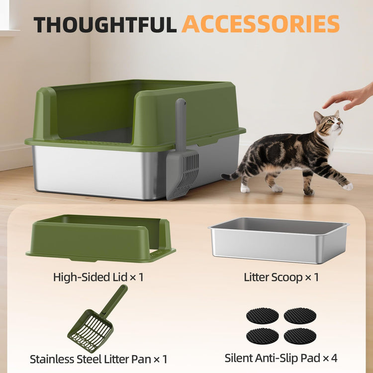 WoofiGo Enclosed Stainless Steel Cat Litter Box with Lid, XL Extra Large Litter Box for Big Cats, Metal Litter Pan High Sided, Never Absorbs Odors, Anti-Urine Leakage, Easy Cleaning, Include Scoop