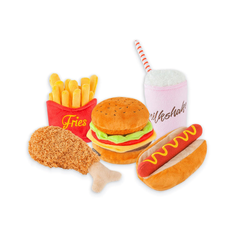 P.L.A.Y. PET LIFESTYLE AND YOU P.L.A.Y. Cute Plush Dog Toys - Fast Food Themed Durable Squeaker Chew Toys, Great for Puppies & Small Dogs - Machine Washable, Recycled Materials (5 Piece Set, X-Small)