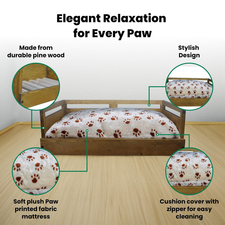 Iconic Pet Sassy Paws Wooden Pet Bed with Paw Printed Comfy Cushion for Dogs & Cats in Varying Sizes & Colors, Small-Rustic Brown
