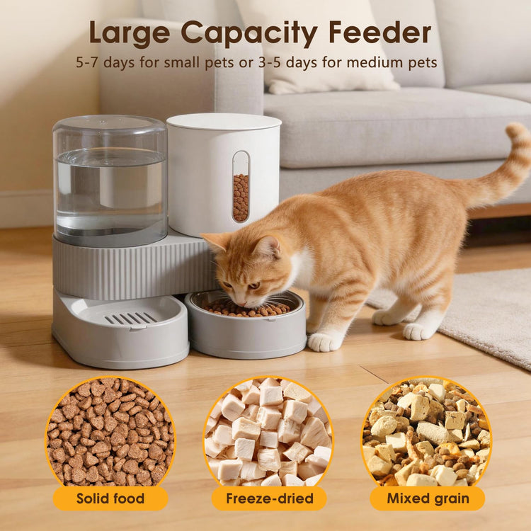 Automatic Gravity Cat Dog Feeder and Water Dispenser with 304 Stainless Steel Bowls 2 in 1 360 Degree Rotatable Auto 2.4L Dry Food and 2.6L Water Bowl for Small Medium Pet Dog Puppy Kitten (Gray)