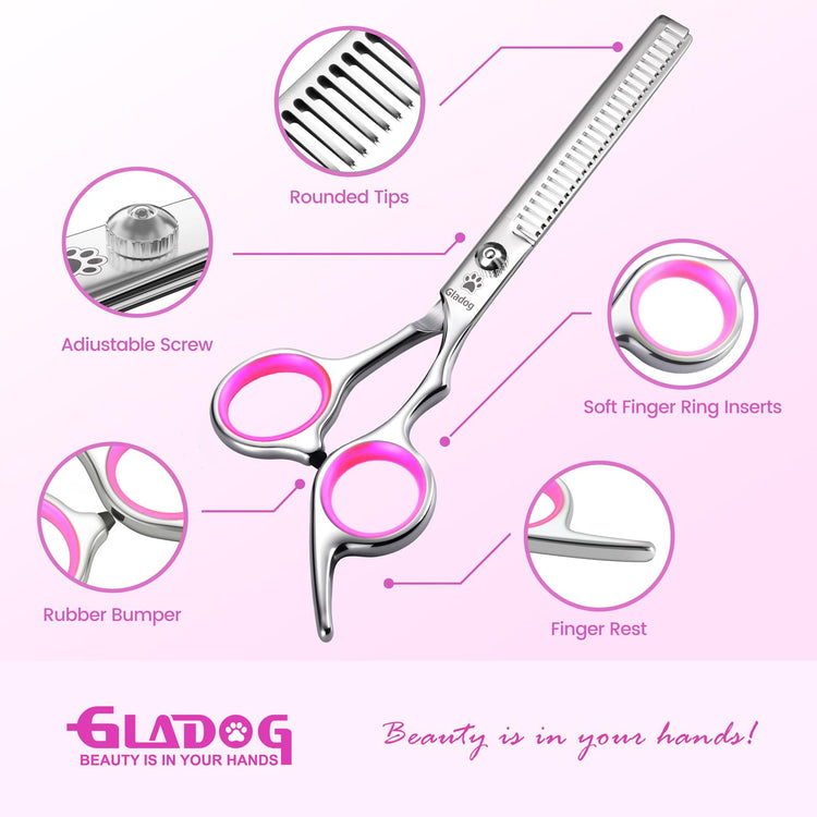 GLADOG Professional 5 in 1 Dog Grooming Scissors Set with Safety Round Tips, Sharp and Heavy-duty Pet Grooming Shears for Cats