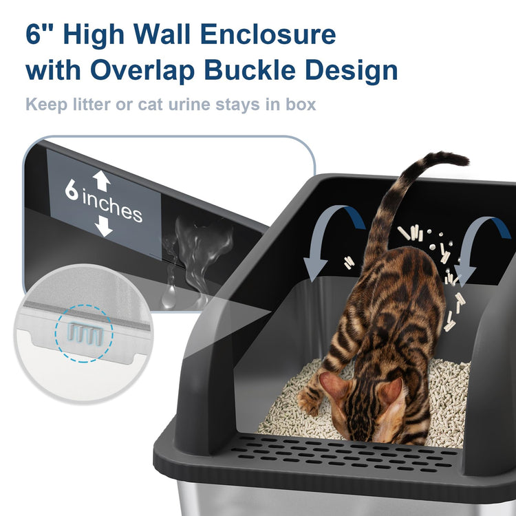 Extra Large Stainless Steel Litter Box with Lid, High Sides Enclosed Cat Litter Box for Big Cats & High Peeing, Anti-Leak & Odor Control Metal Litter Pan, Easy Clean Non-Stick Kitty Litter Box