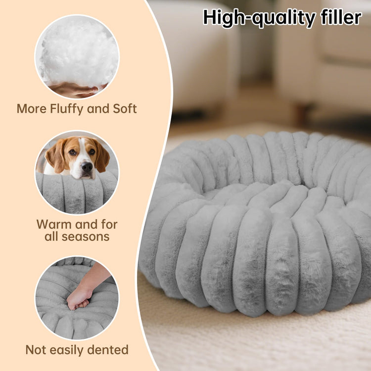 Donut Dog and Cat Bed, Luxurious Comfortable Faux Rabbit Fur Pet Beds, Round Anti-Anxiety Calming Puppy Kitten Bed with Anti-Slip Bottom for Small Medium Dogs & Cats(28", White)