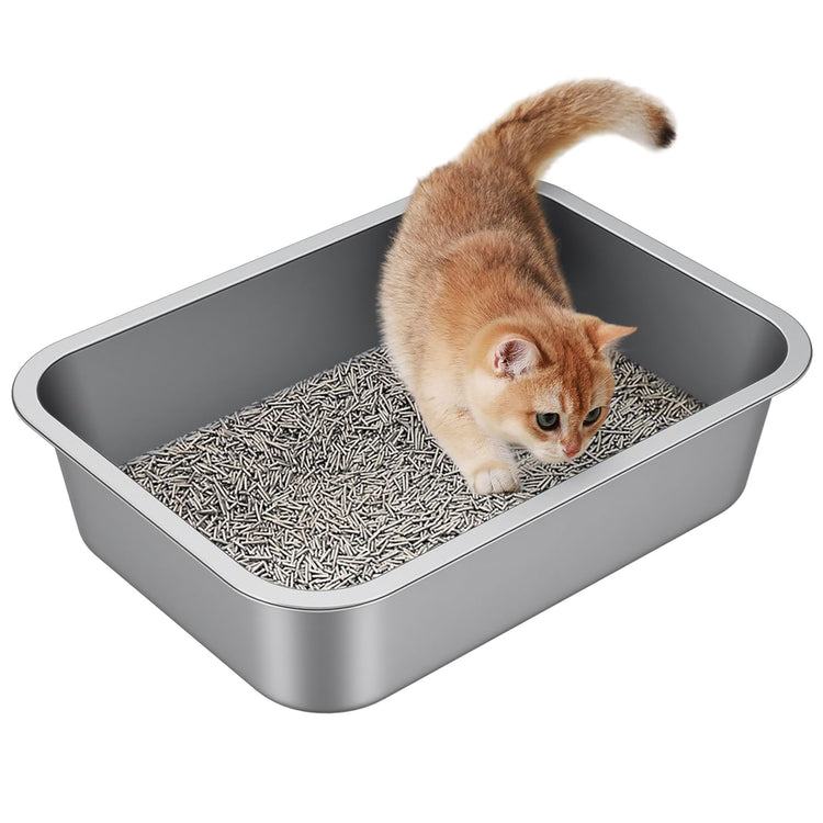 Stainless Steel Litter Box with High Sided, Metal Cat Litter Box, Odor-Free, Non-Stick Litterbox Pan, Easy to Clean Pet Supplies Toilet Tray for Indoor Cats, Kittens or Multicat Homes