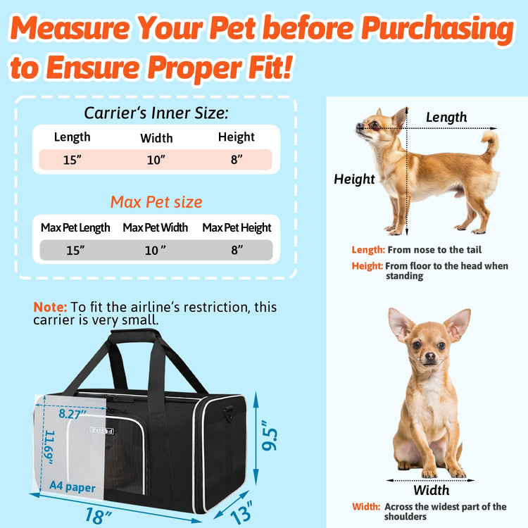 Petskd Pet Carrier 17x11x9.5 Alaska Airline Approved,Pet Travel Carrier Bag for Small Cats and Dogs, Soft Dog Carrier for 1-10 LBS Pets,Dog Cat Carrier with Safety Lock Zipper(Black)