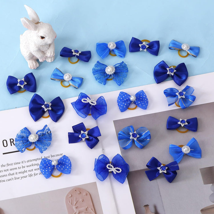 20 PCS Cute Dog Hair Bows with Rubber Bands Elastic Handmade Mix Style Lace Rhinestone Pearls for Furry Puppy Cat Pet Girl, Pink