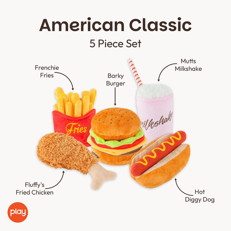 P.L.A.Y. PET LIFESTYLE AND YOU P.L.A.Y. Cute Plush Dog Toys - Fast Food Themed Durable Squeaker Chew Toys, Great for Puppies & Small Dogs - Machine Washable, Recycled Materials (5 Piece Set, X-Small)